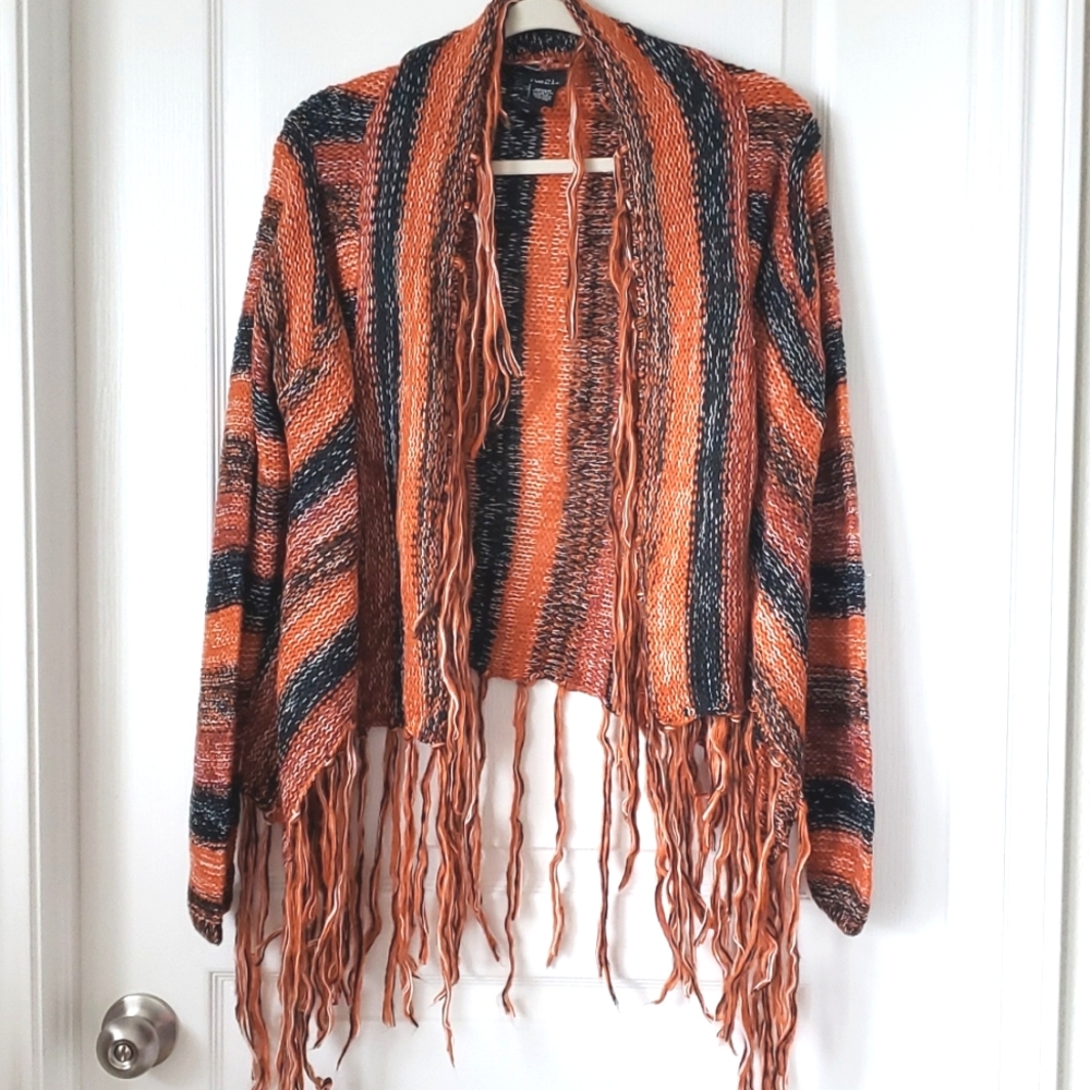 Rue 21 Orange & Black Fringed Knit Poncho